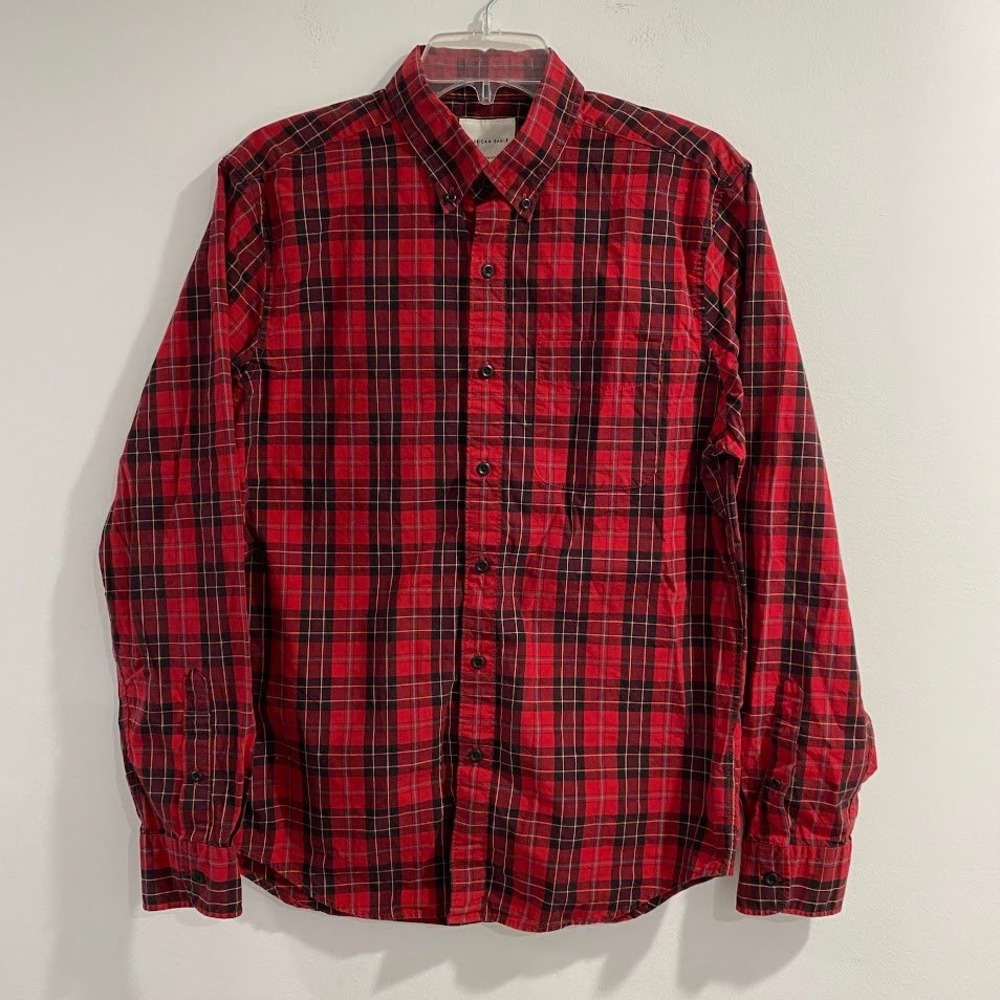 American Eagle Mens Plaid Button Down Shirt Medium Classic Fit Red Black - Picture 3 of 9